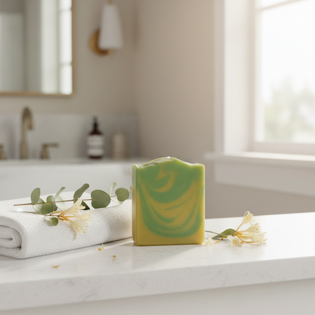 Honeysuckle Cove artisan soap bar with yellow and green swirl standing upright on a sunlit white stone bathroom counter with linen towel and honeysuckle botanical accents