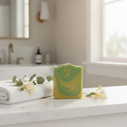 Honeysuckle Cove artisan soap bar with yellow and green swirl standing upright on a sunlit white stone bathroom counter with linen towel and honeysuckle botanical accents