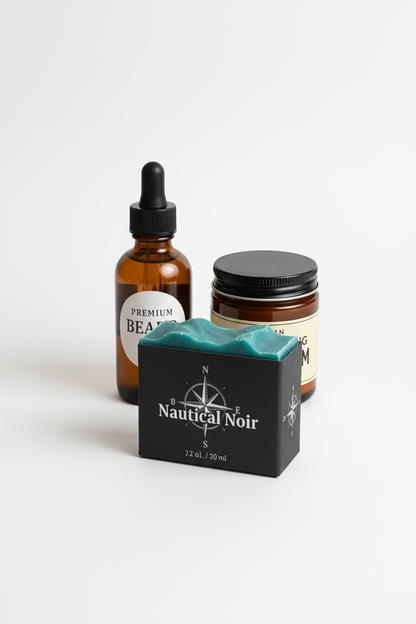 Men's grooming bundle with beard oil, balm and Nautical Noir artisan soap