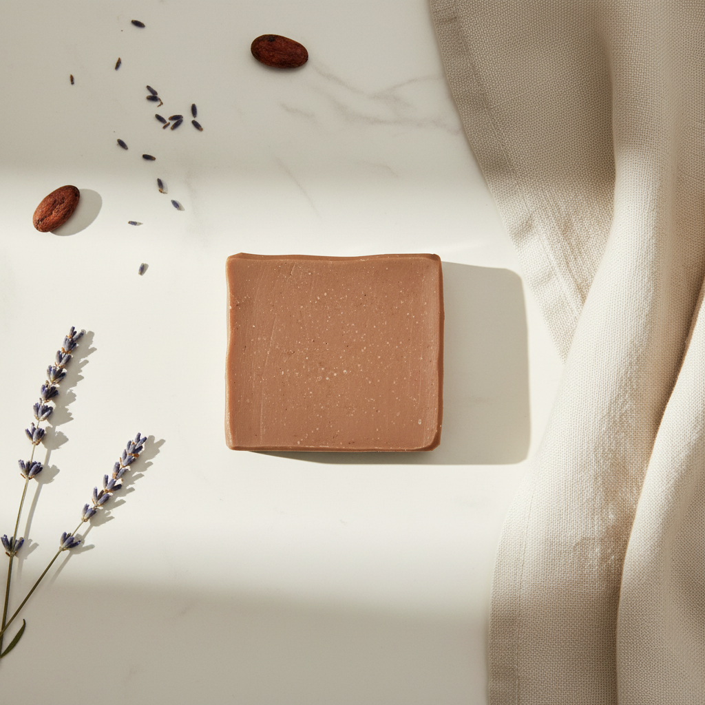 Top-down flat lay of Still Water artisan soap bar with chocolate brown finish on a sunlit white stone bathroom counter with linen towel and botanical accents