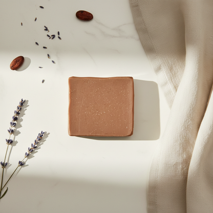 Top-down flat lay of Still Water artisan soap bar with chocolate brown finish on a sunlit white stone bathroom counter with linen towel and botanical accents