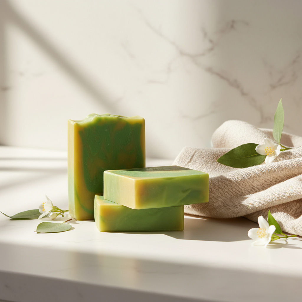 Three Honeysuckle Cove artisan soap bars with yellow and green swirl — one upright and two stacked — on a sunlit white stone bathroom counter with linen towel and botanical accents