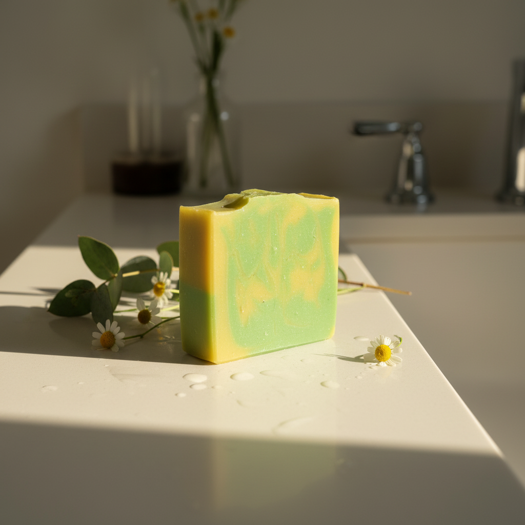 Close-up side angle of Honeysuckle Cove artisan soap bar showing yellow and green swirl detail on a sunlit white stone bathroom counter