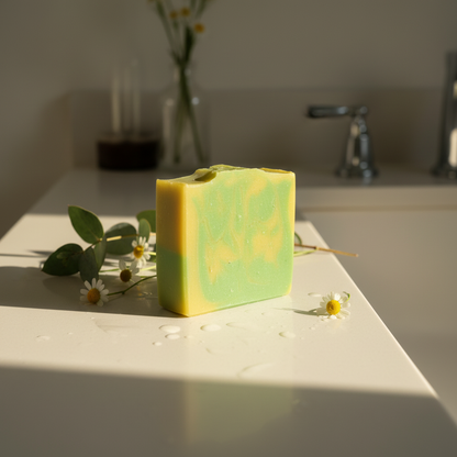 Close-up side angle of Honeysuckle Cove artisan soap bar showing yellow and green swirl detail on a sunlit white stone bathroom counter