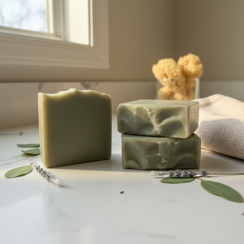Three Gulf Mist artisan soap bars with pale olive green finish at low angle on a sunlit white stone bathroom counter with linen towel and botanical accents