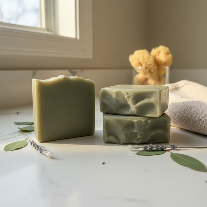Three Gulf Mist artisan soap bars with pale olive green finish at low angle on a sunlit white stone bathroom counter with linen towel and botanical accents