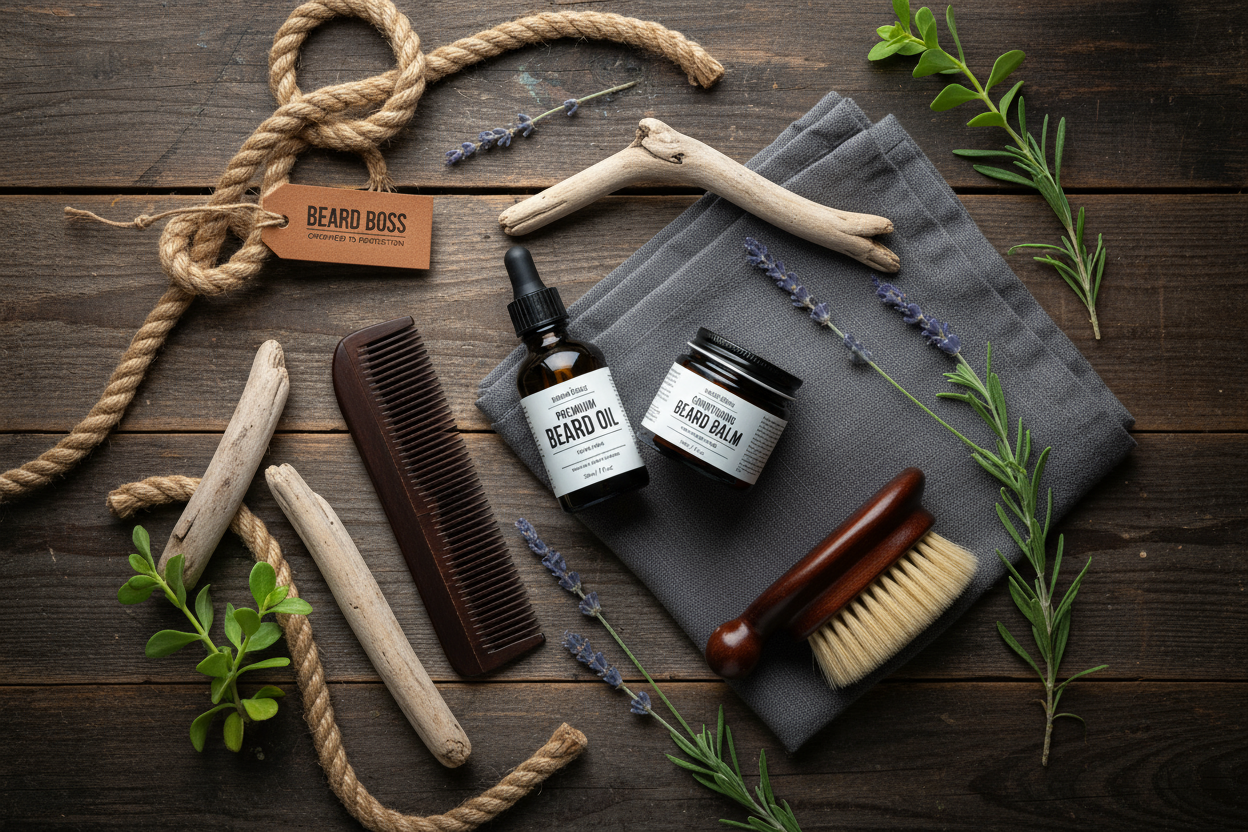 Beard grooming gift set flat lay - complete care kit with oil and balm