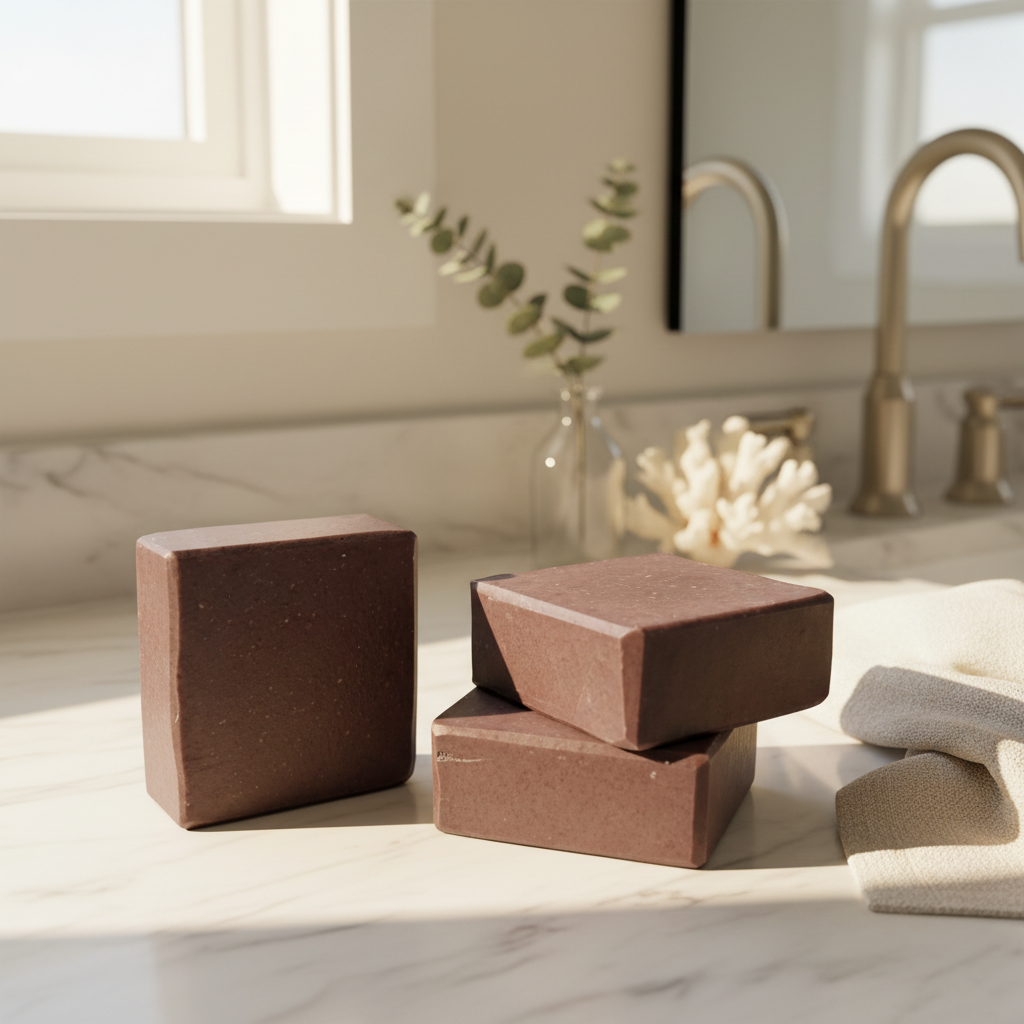 Three Driftwood Bay artisan soap bars with espresso-brown finish in varied stacked arrangement on a sunlit white stone bathroom counter with linen towel and coastal botanical accents