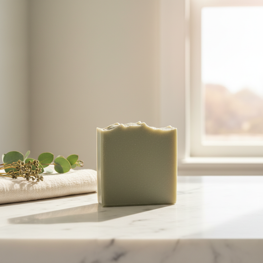 Gulf Mist artisan soap bar with pale olive green finish standing upright on a sunlit white stone bathroom counter with linen towel and botanical accents