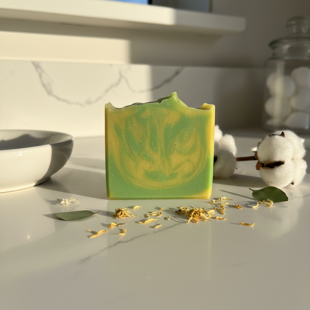 Close-up front face of Honeysuckle Cove artisan soap bar highlighting the handcrafted yellow and green swirl mica finish on a sunlit white stone surface