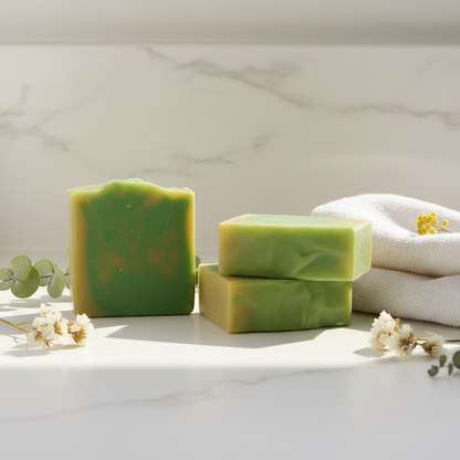Three Honeysuckle Cove artisan soap bars with yellow and green swirl stacked on a sunlit white stone bathroom counter with linen towel and botanical accents