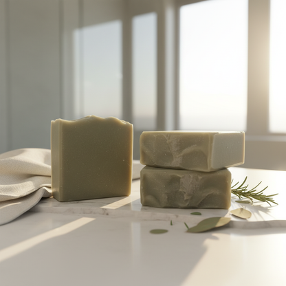 Three Gulf Mist artisan soap bars with pale olive green finish — one upright and two stacked — on a sunlit white stone bathroom counter with linen towel and botanical accents