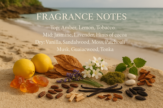 INclude the following text on the image: Top: Amber, Lemon, Tobacco
Mid: Jasmine, Lavender, Hints of cocoa
Dry: Vanilla, Sandalwood, Moss, Patchouli, Musk, Guiaiacwood, Tonka  Include images of the fragrance notes listed above in a natural beach setting
