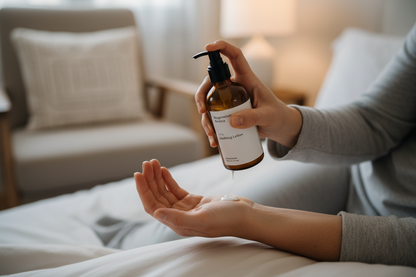 Woman applying magnesium arnica body lotion with shea butter and lavender to leg for evening moisturizing