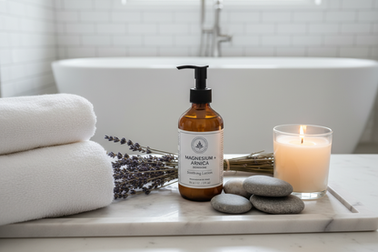 Magnesium arnica lotion in spa bathroom setting with lavender, towels and candles for bedtime self-care ritual