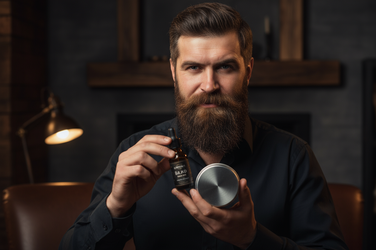 Bearded man with well-groomed beard using men's grooming essentials bundle
