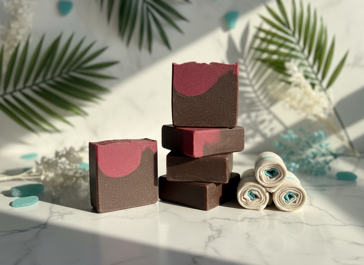 Stack of brown and red soap bars on a marble surface with green leaves in the background