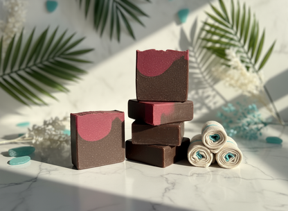 Stack of brown and red soap bars on a marble surface with green leaves in the background