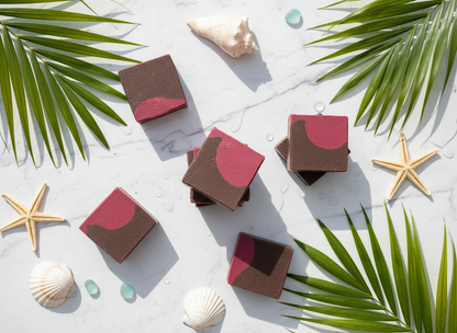Chocolate bars with red and brown design on a white surface with palm leaves and shells.