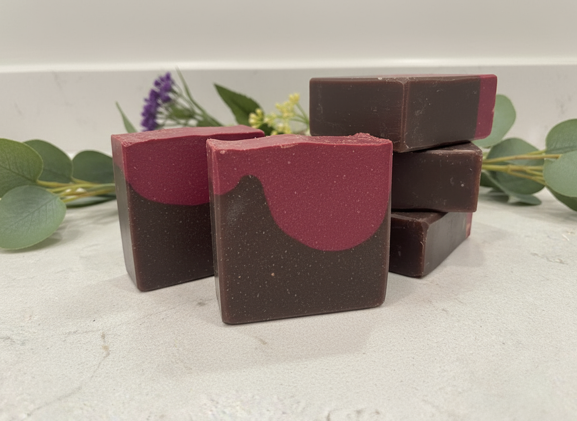 Two bars of two-tone soap with a maroon top and brown bottom on a light surface with greenery in the background.