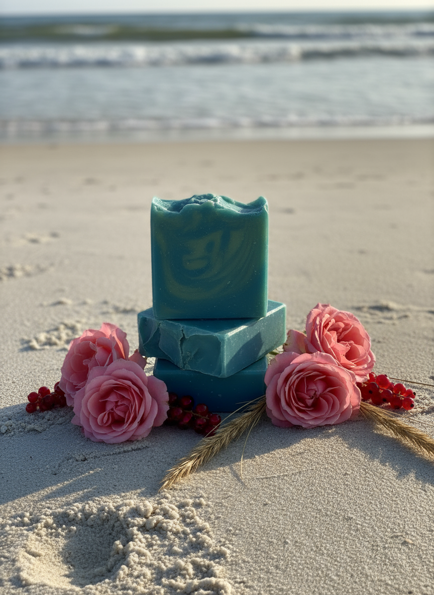 Two bars of teal soap on a sandy beach with pink roses and red berries.