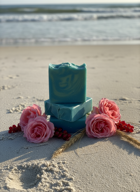 Two bars of teal soap on a sandy beach with pink roses and red berries.