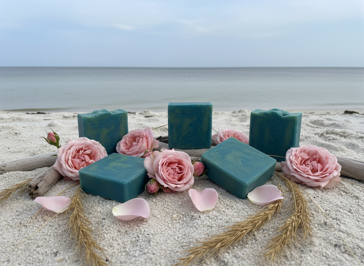 Blue bars of soap on a sandy beach with pink flowers and driftwood.