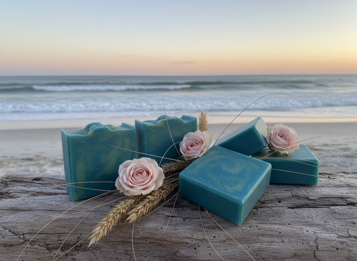 Blue soap bars with pink flowers on a beach at sunset