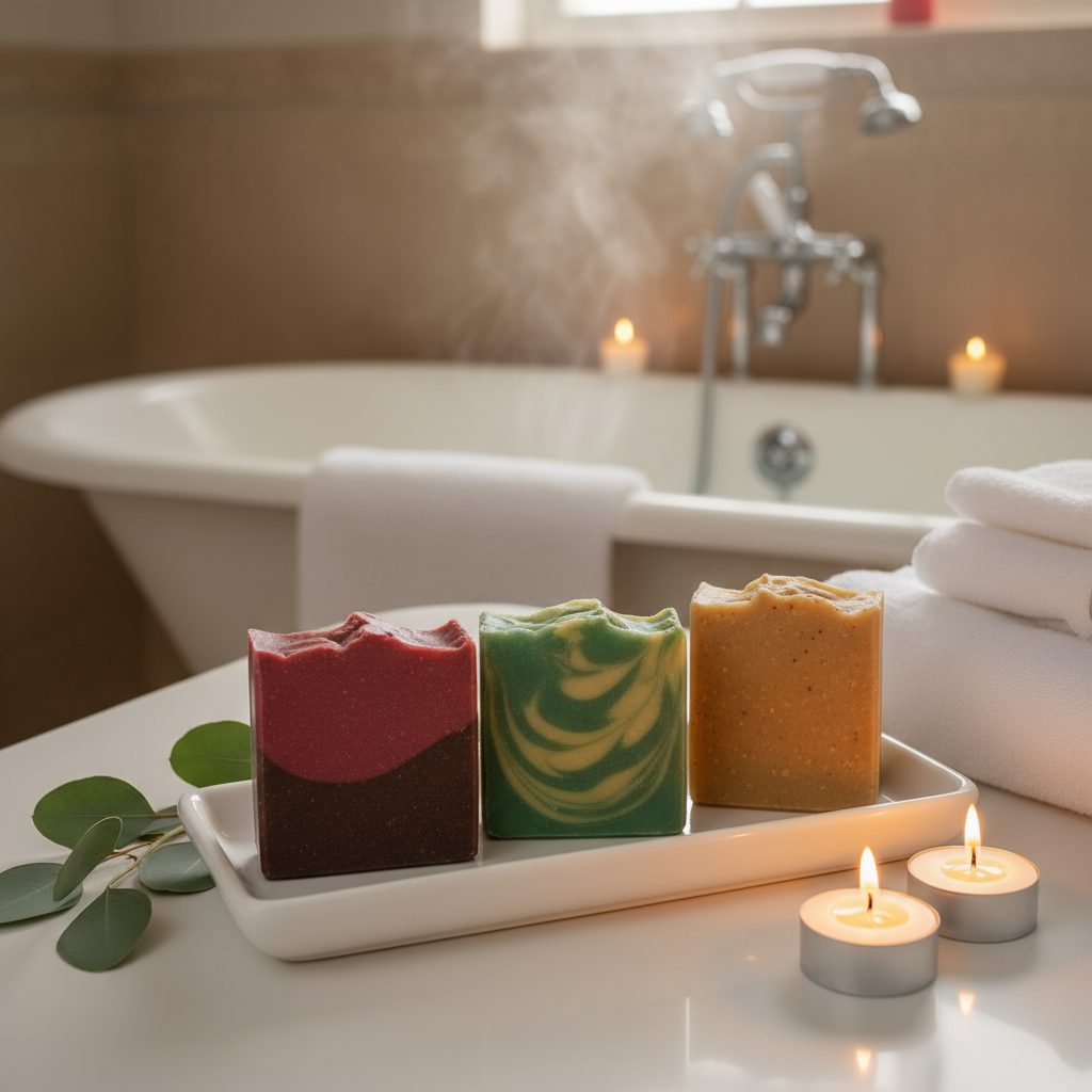 A luxurious spa-like setting emphasizing the self-care and relaxation aspect of your holiday soap bundle
