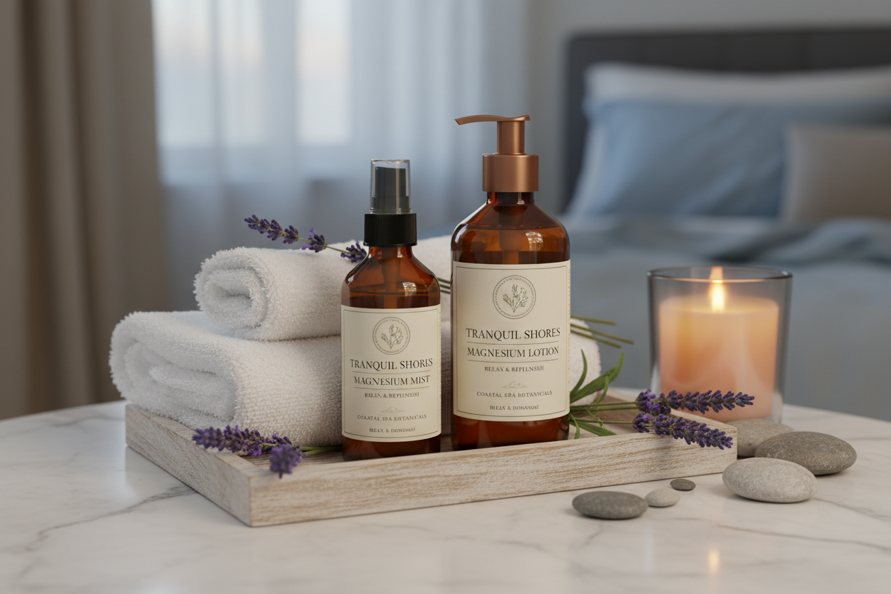 Magnesium spray and lotion gift set with lavender and candles for complete bedtime self-care ritual