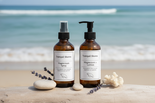 Tranquil Shores Magnesium Duo set - 8oz spray and lotion in amber glass bottles on coastal driftwood