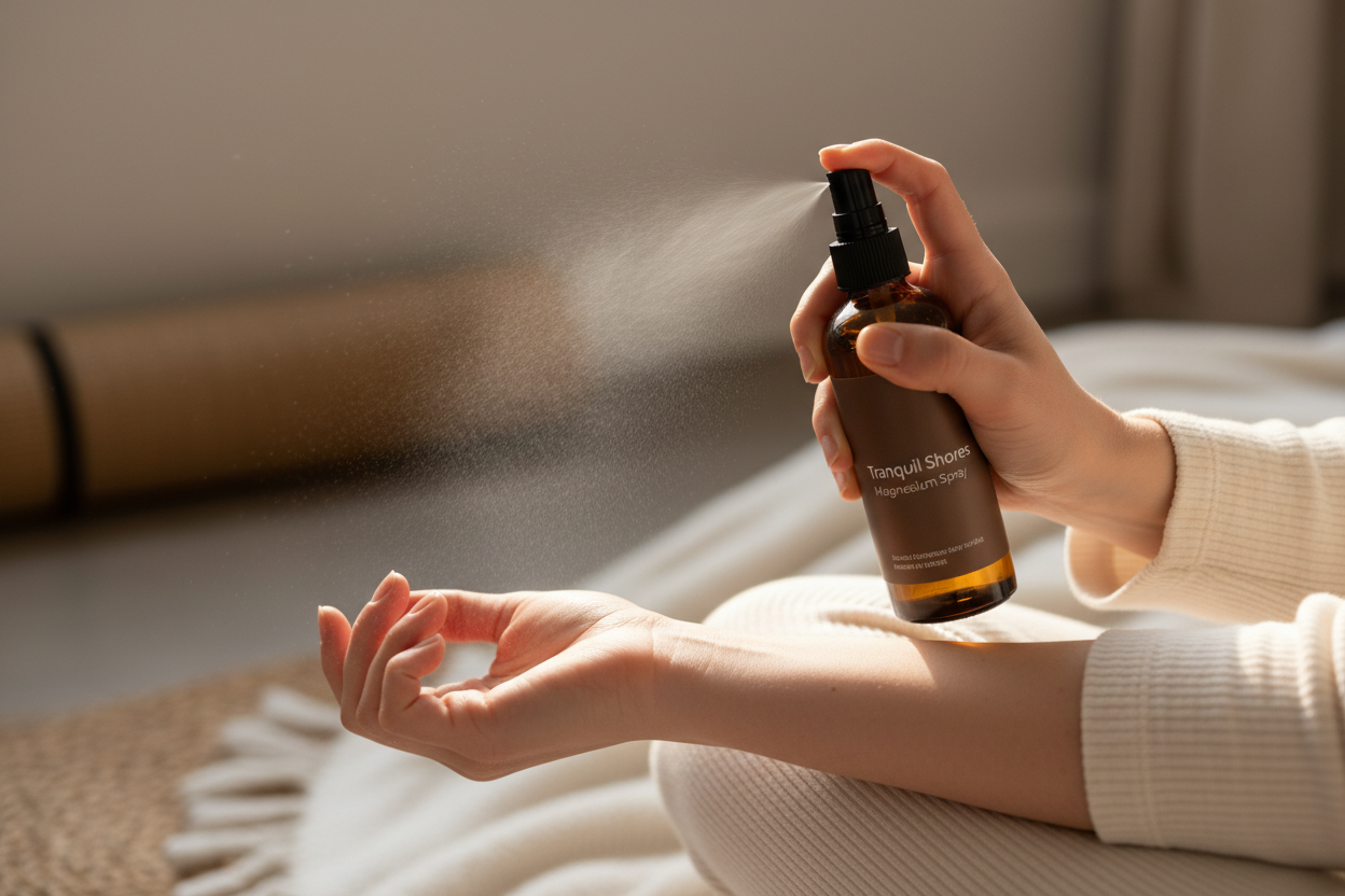 Woman applying double-strength magnesium chloride body spray to leg for post-workout recovery