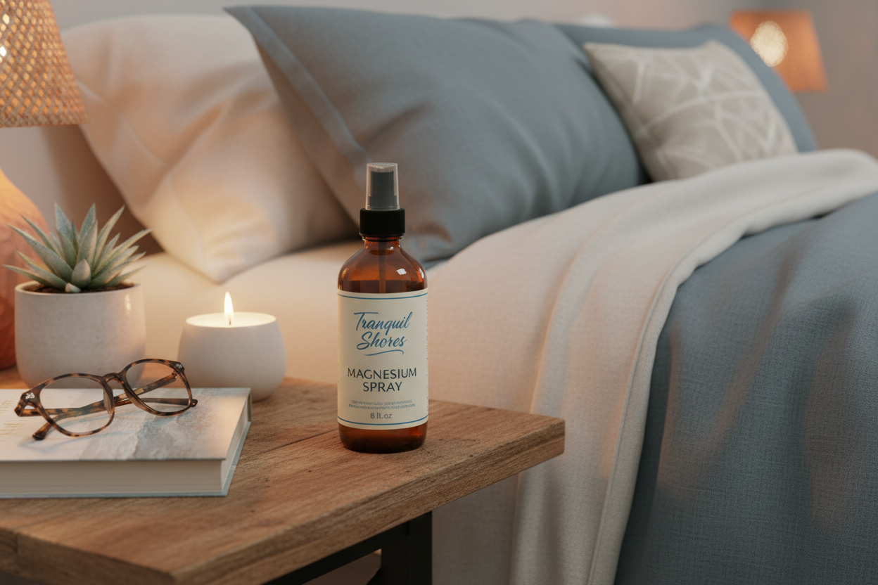 Topical magnesium spray on bedside table for evening wind-down ritual and bedtime self-care routine