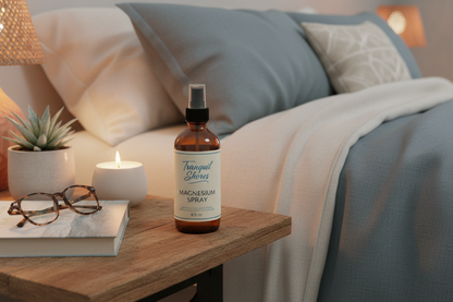 Topical magnesium spray on bedside table for evening wind-down ritual and bedtime self-care routine