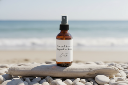 Tranquil Shores Magnesium Spray - 8oz amber glass bottle with black fine mist sprayer on coastal driftwood