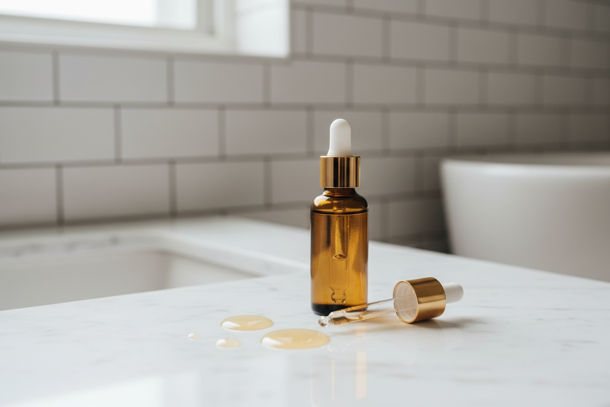 Vitamin C Facial Oil in 1oz amber glass bottle with gold band and white dropper cap on white marble surface with golden oil drops