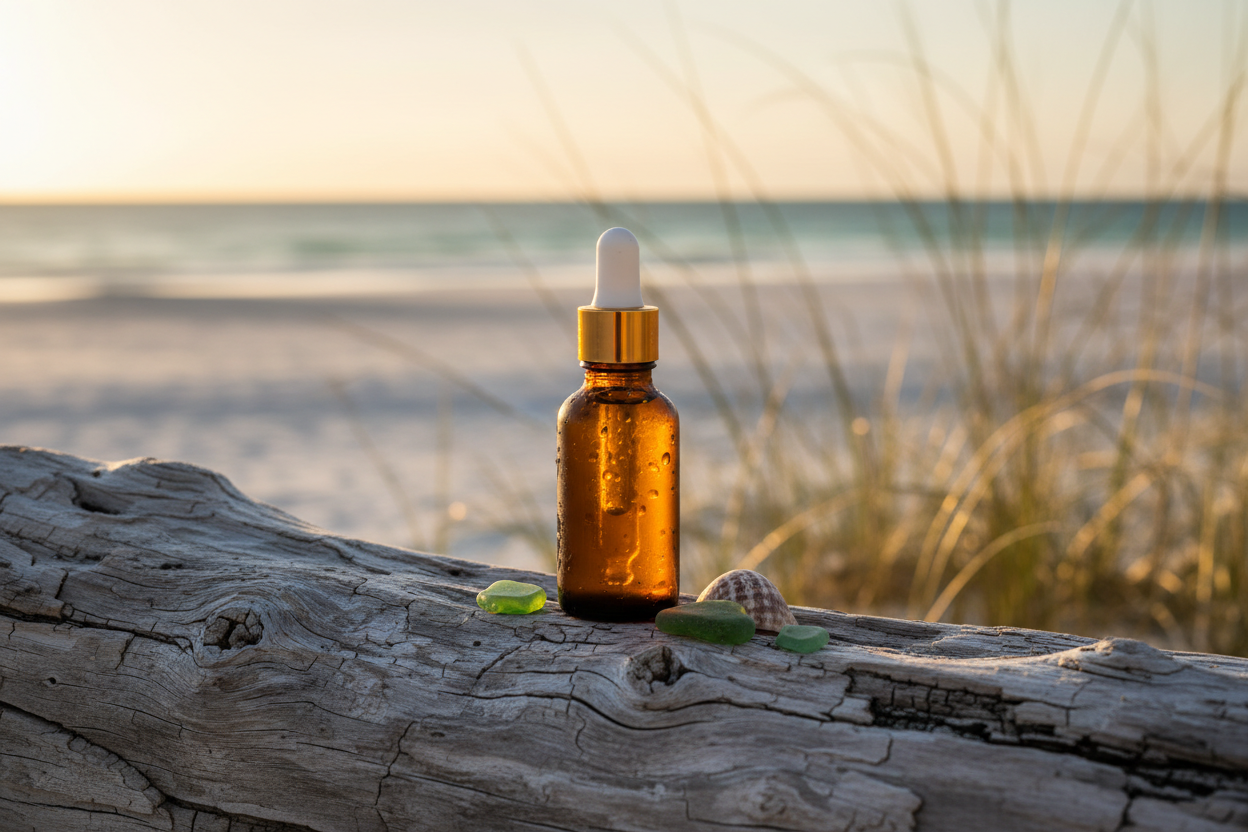 Vitamin C Facial Oil amber glass bottle on driftwood with Florida coastal beach and sea oats in background at golden hour