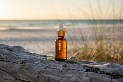 Vitamin C Facial Oil amber glass bottle on driftwood with Florida coastal beach and sea oats in background at golden hour