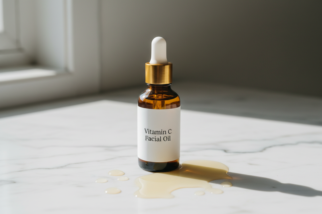 Vitamin C Facial Oil amber bottle with dropper and oil drops on white marble bathroom countertop in natural light