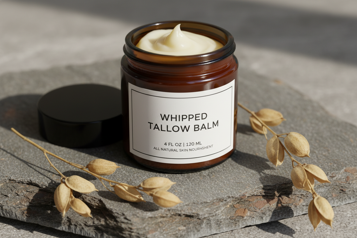 Whipped grass-fed tallow balm in 4oz amber glass jar with white label and black lid, displayed with jojoba plant sprigs on natural stone