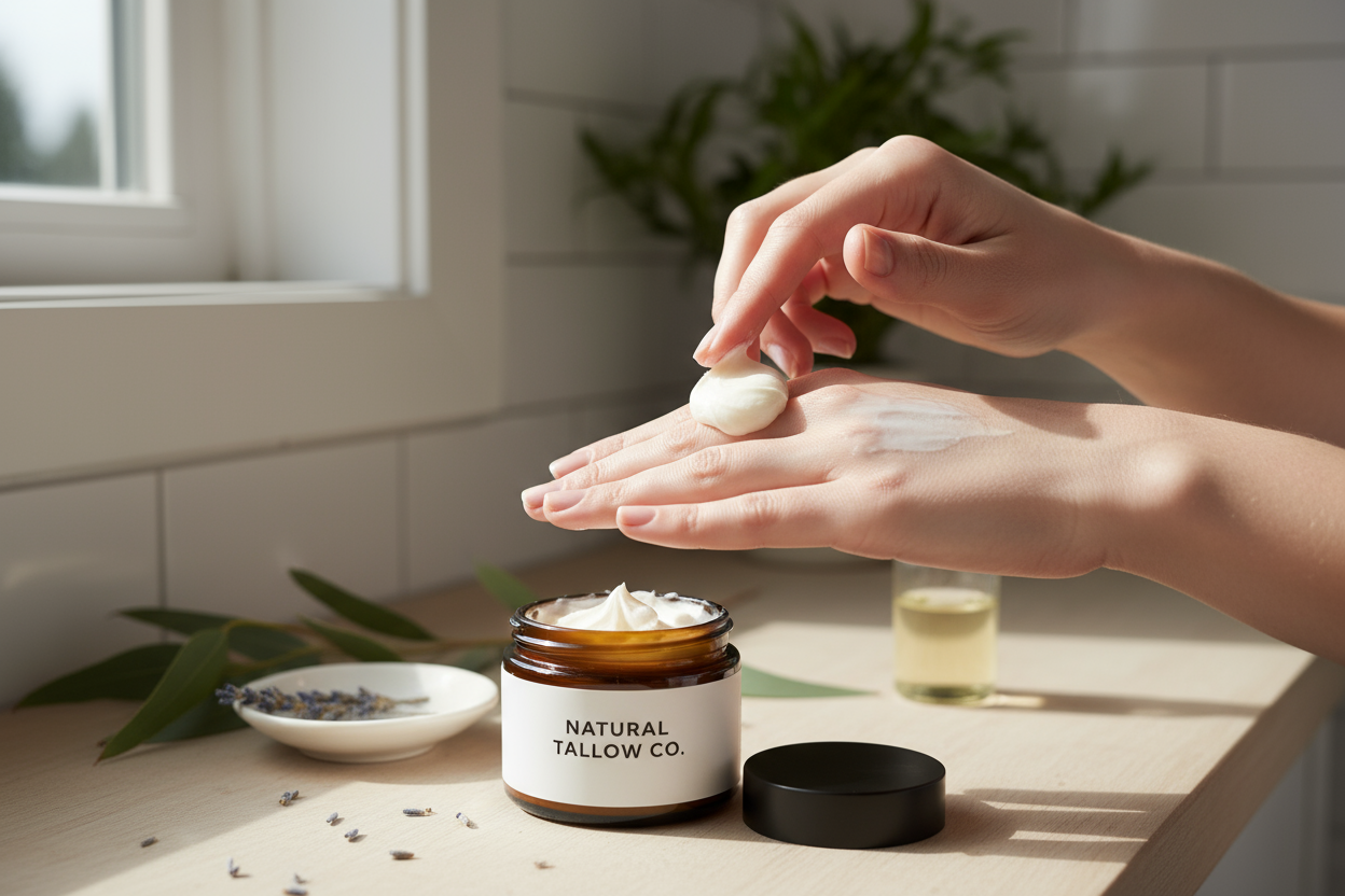 Hands applying whipped tallow balm moisturizer from 4oz amber jar, showing creamy texture and natural skincare routine